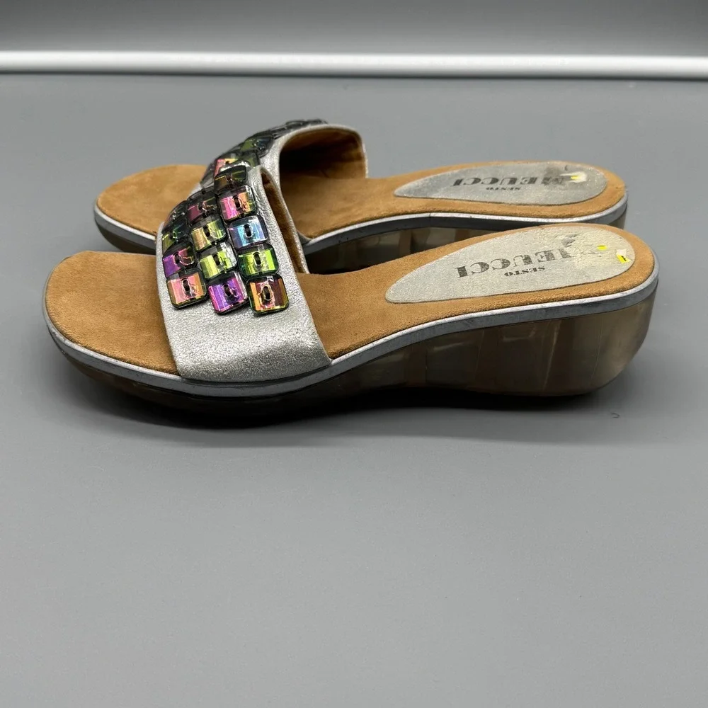 Y2K Sesto Meucci‎ Mens Silver Metallic Rainbow Gemstone Wedge Slide Sandals 6.5M